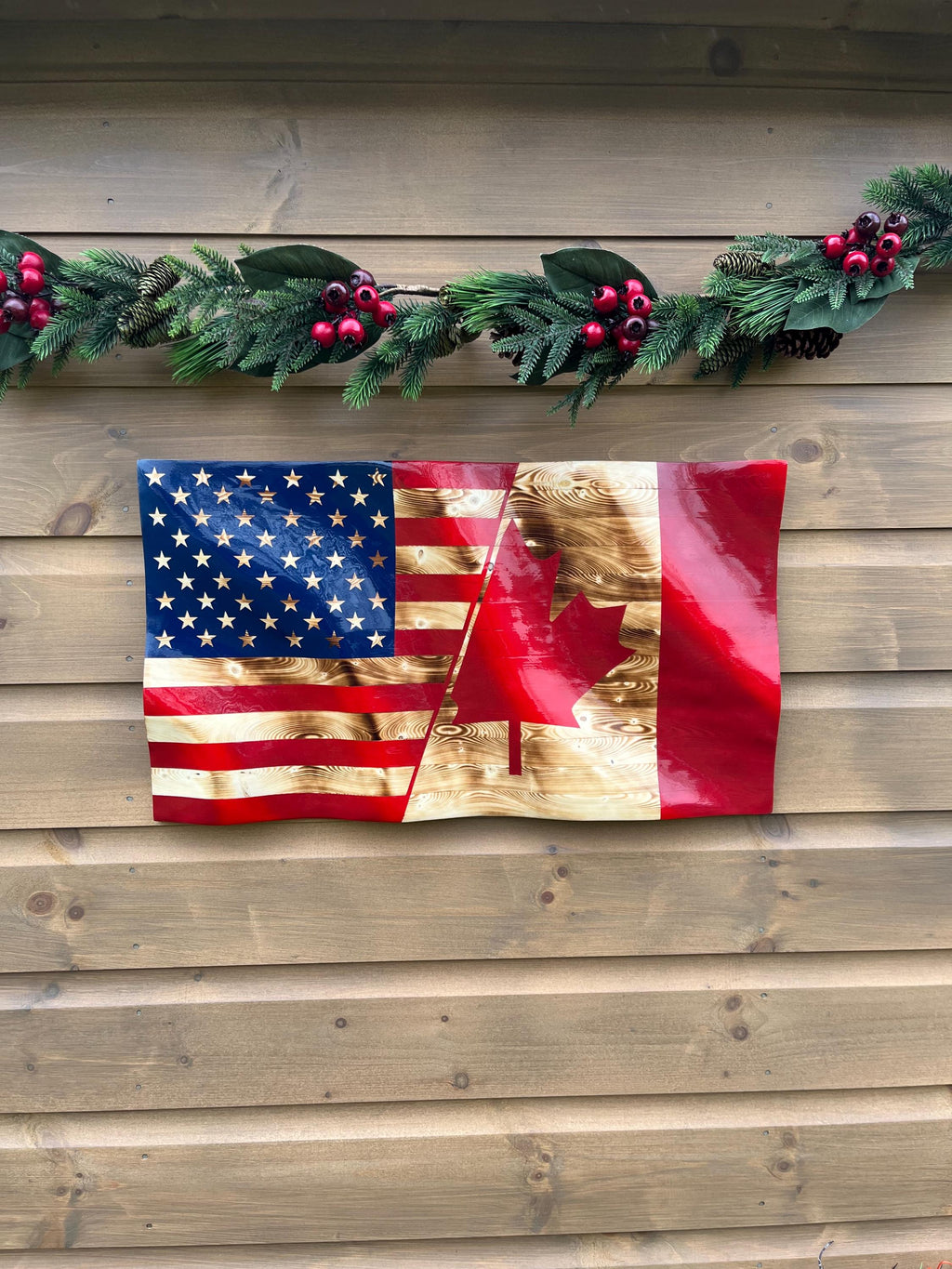 Wavy Canada/US Flag (solid wood)
