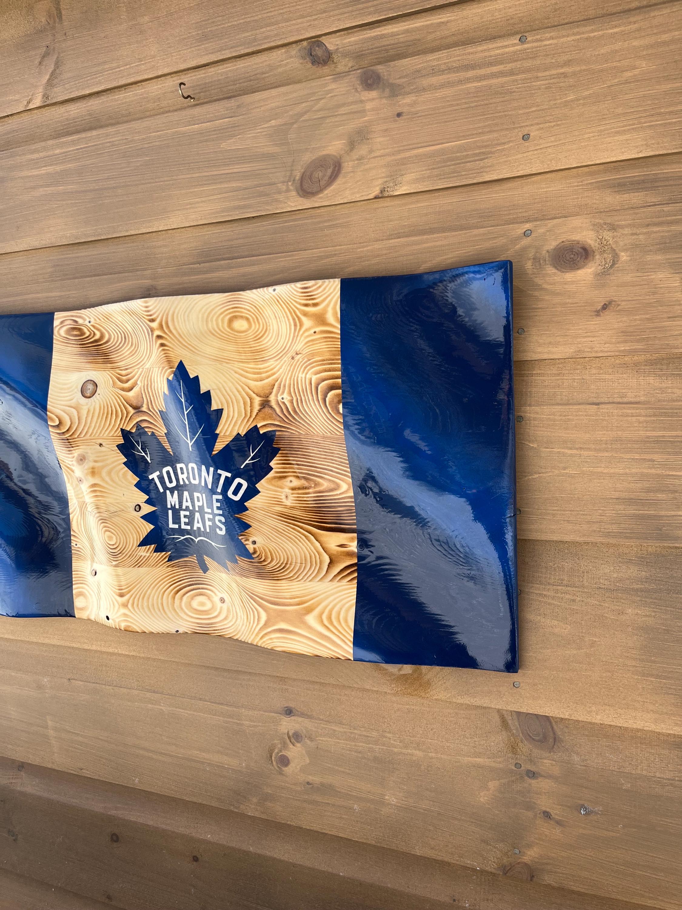Wavy Toronto Maple Leaf Flag (solid wood) Blue/wood