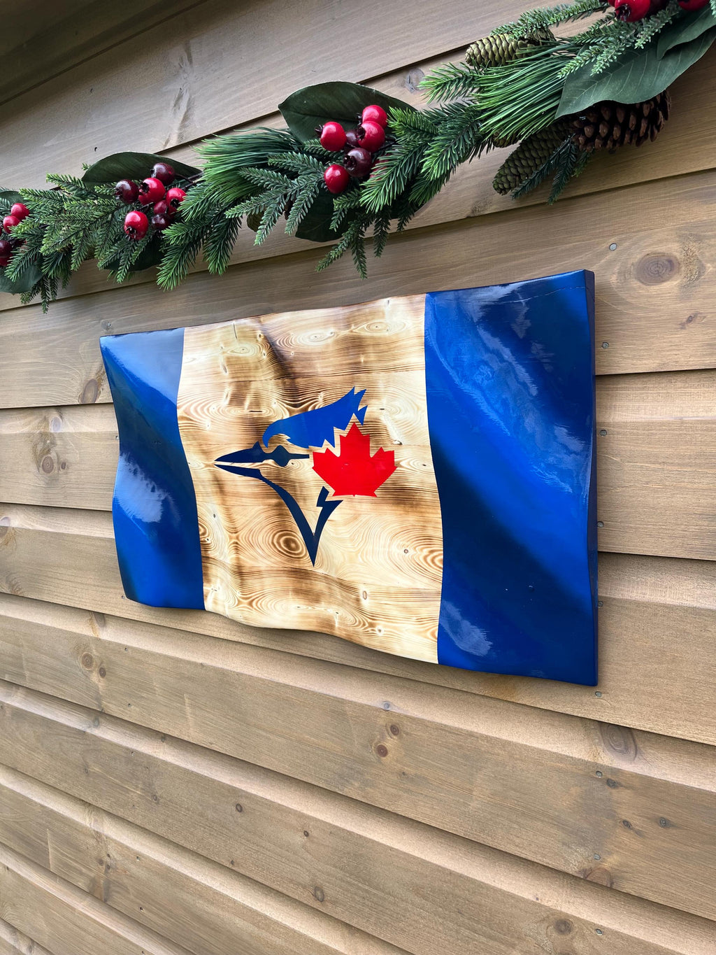 Hand Carved Wavy Toronto Blue Jays Wood Flag