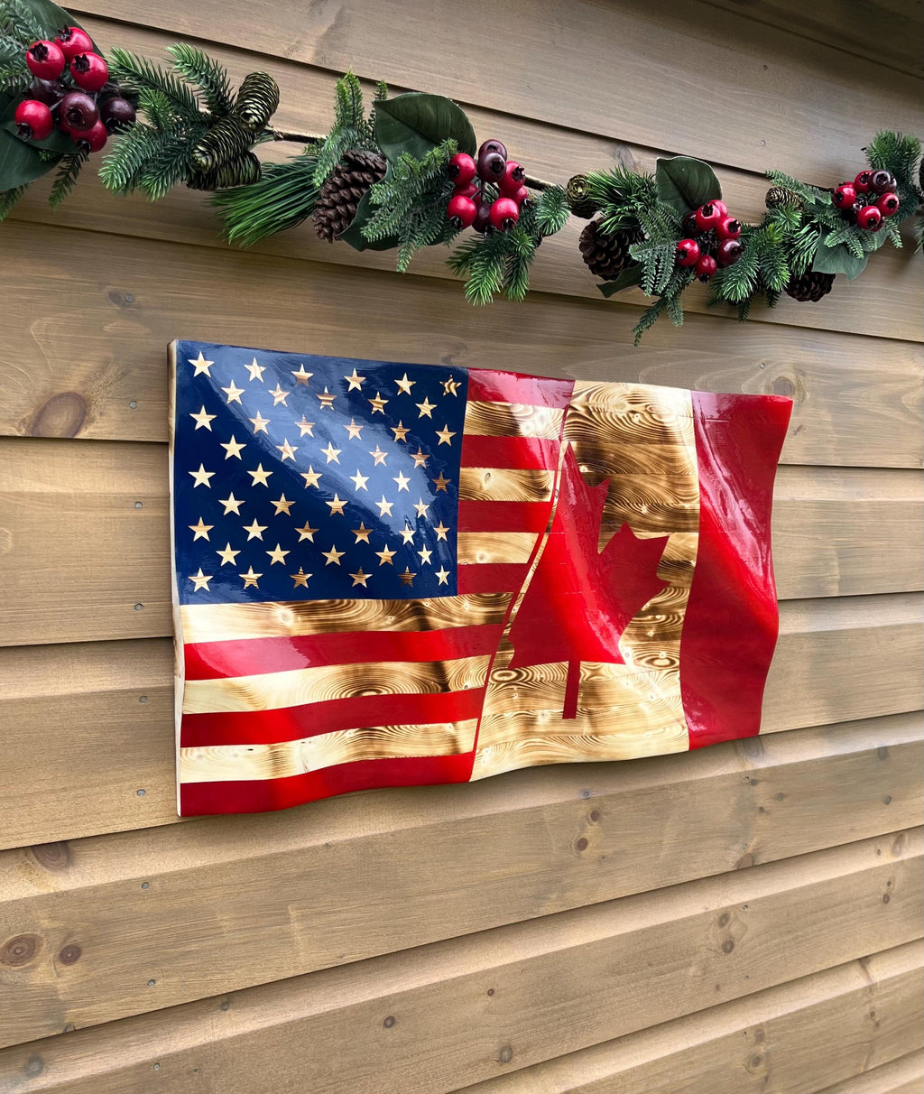 Wavy Canada/US Flag (solid wood)