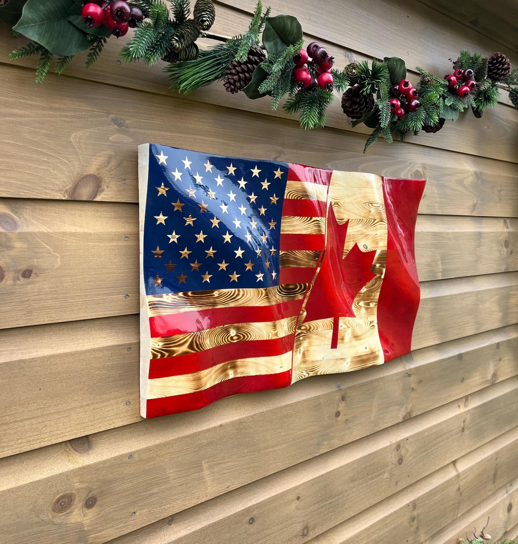 Wavy Canada/US Flag (solid wood)
