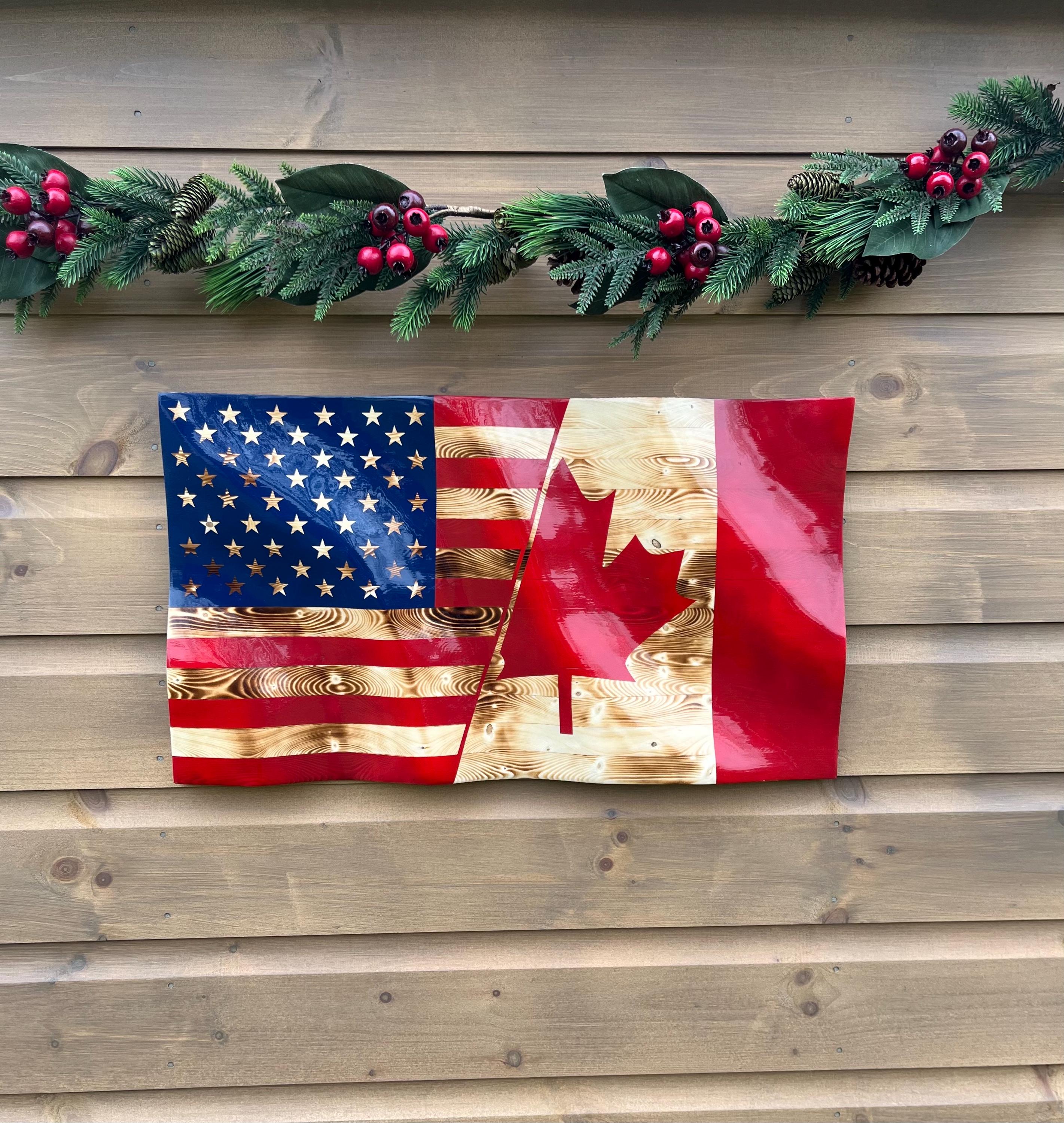 Wavy Canada/US Flag (solid wood)