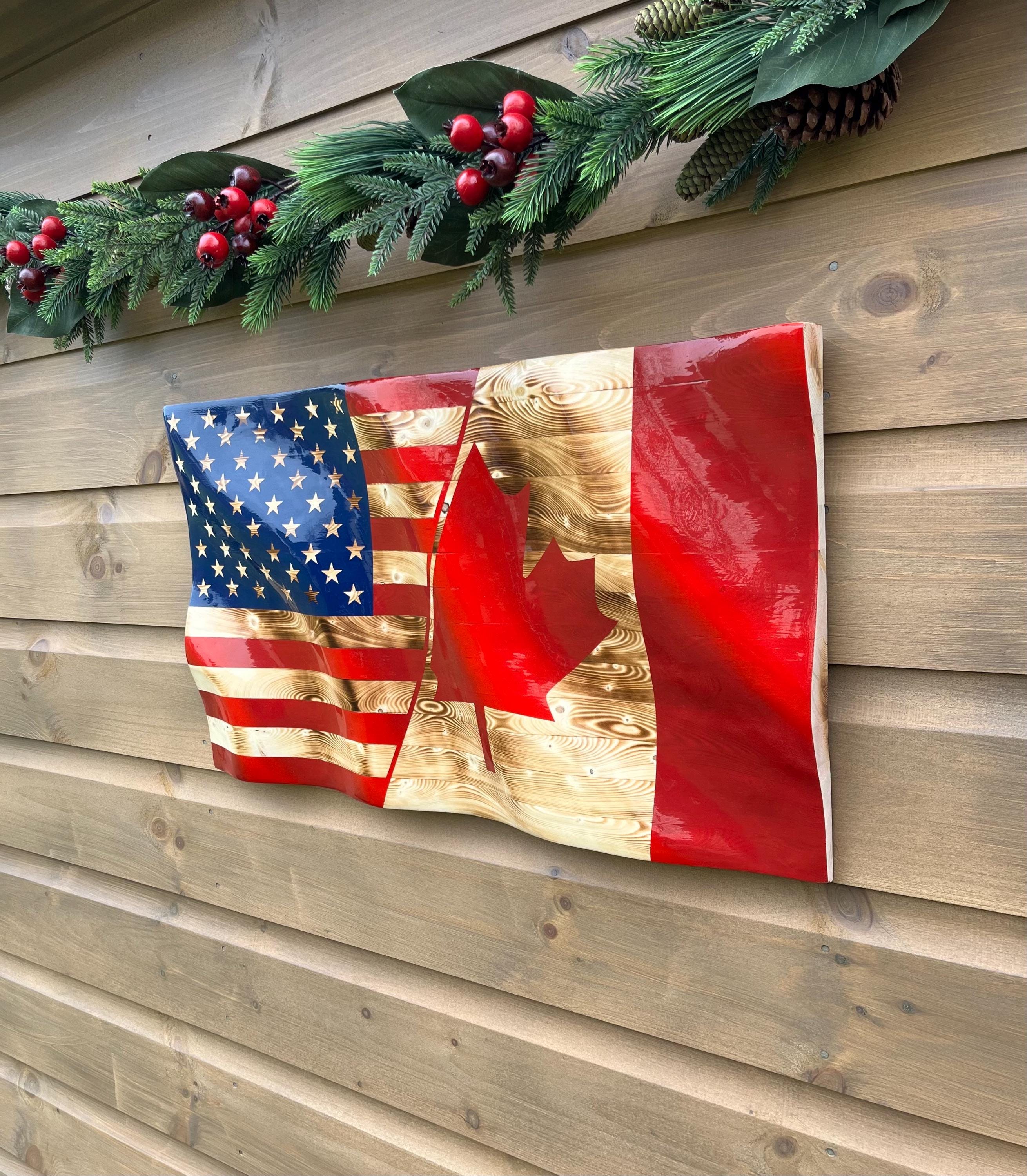 Wavy Canada/US Flag (solid wood)